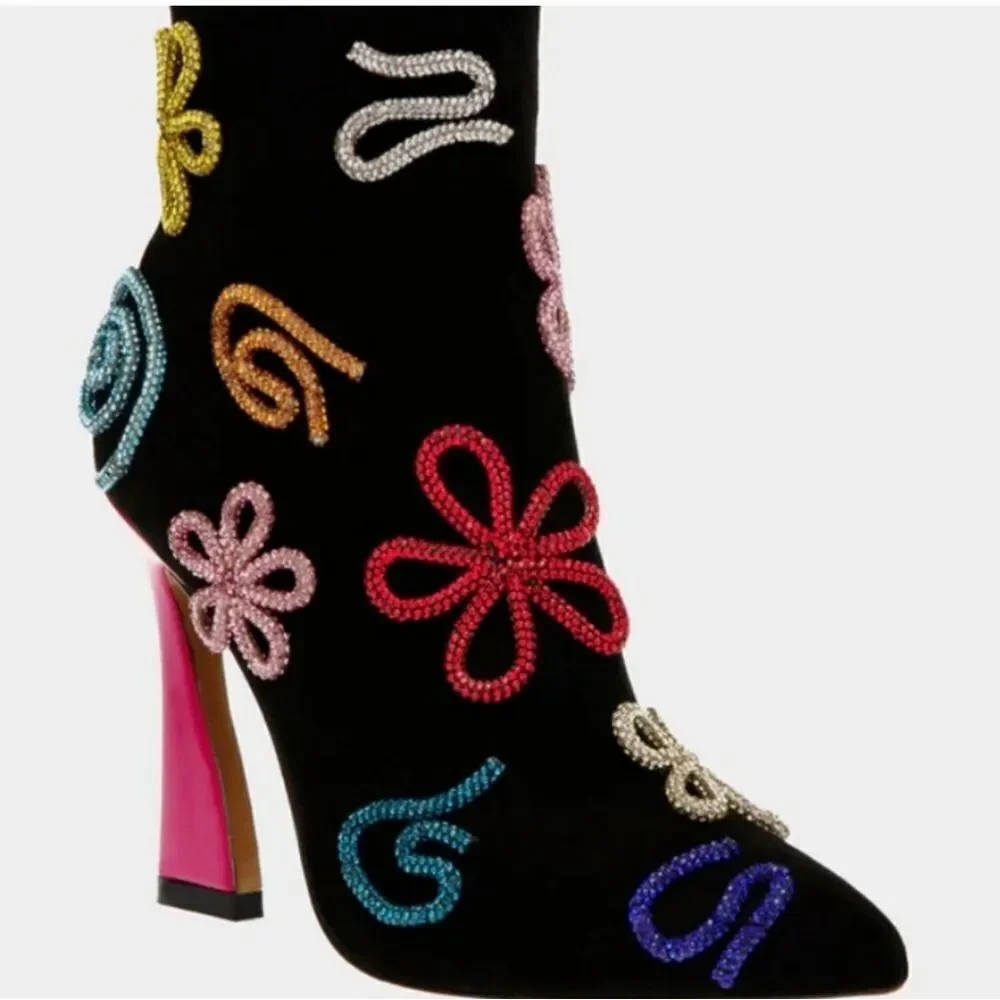 Betsey Johnson Black Ankle Boots with Multicolor Embellishments